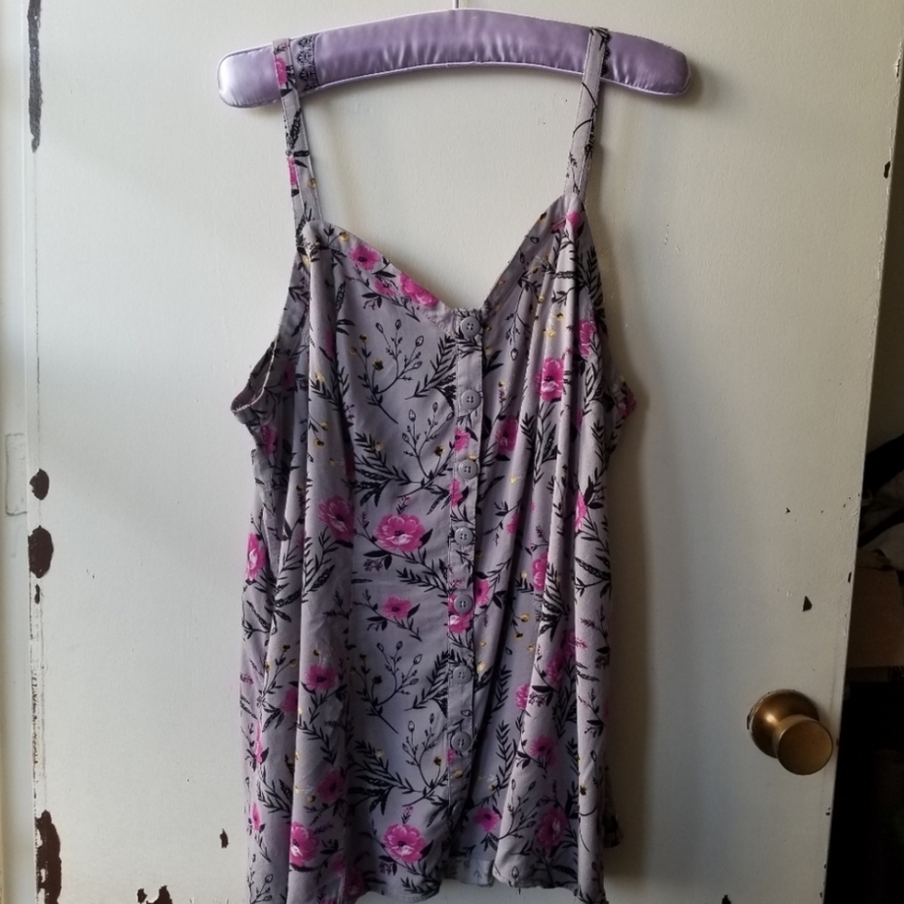 Torrid Grey with Pink Floral Button Up Tank Top